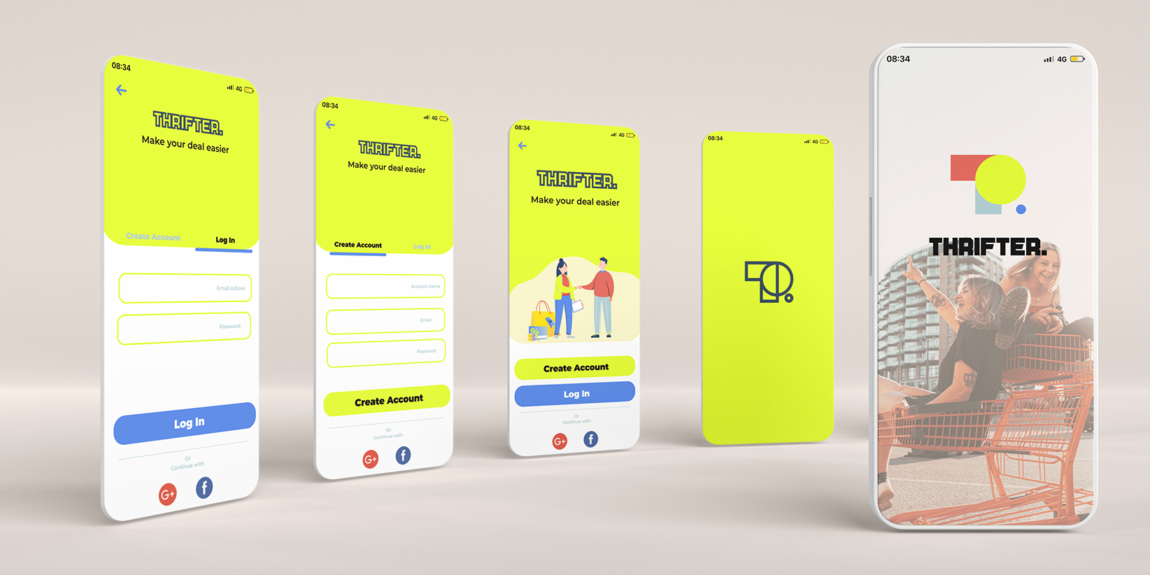 The finished Thrifter app screens