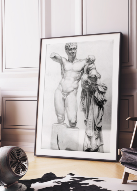 Framed graphite drawing of classical statues