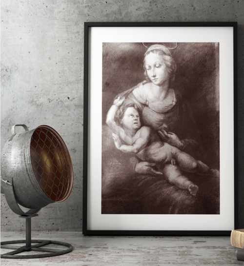 Framed sepia drawing of a mother and child