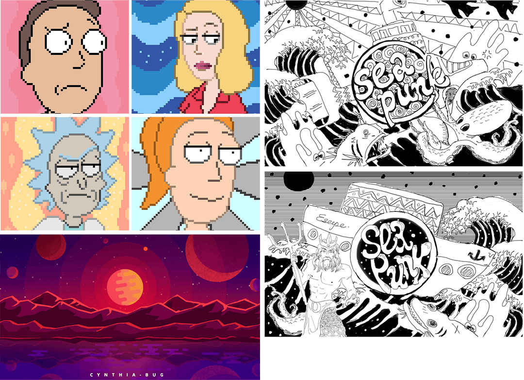 Board of character illustrations, a neon landscape and black-and-white line drawings