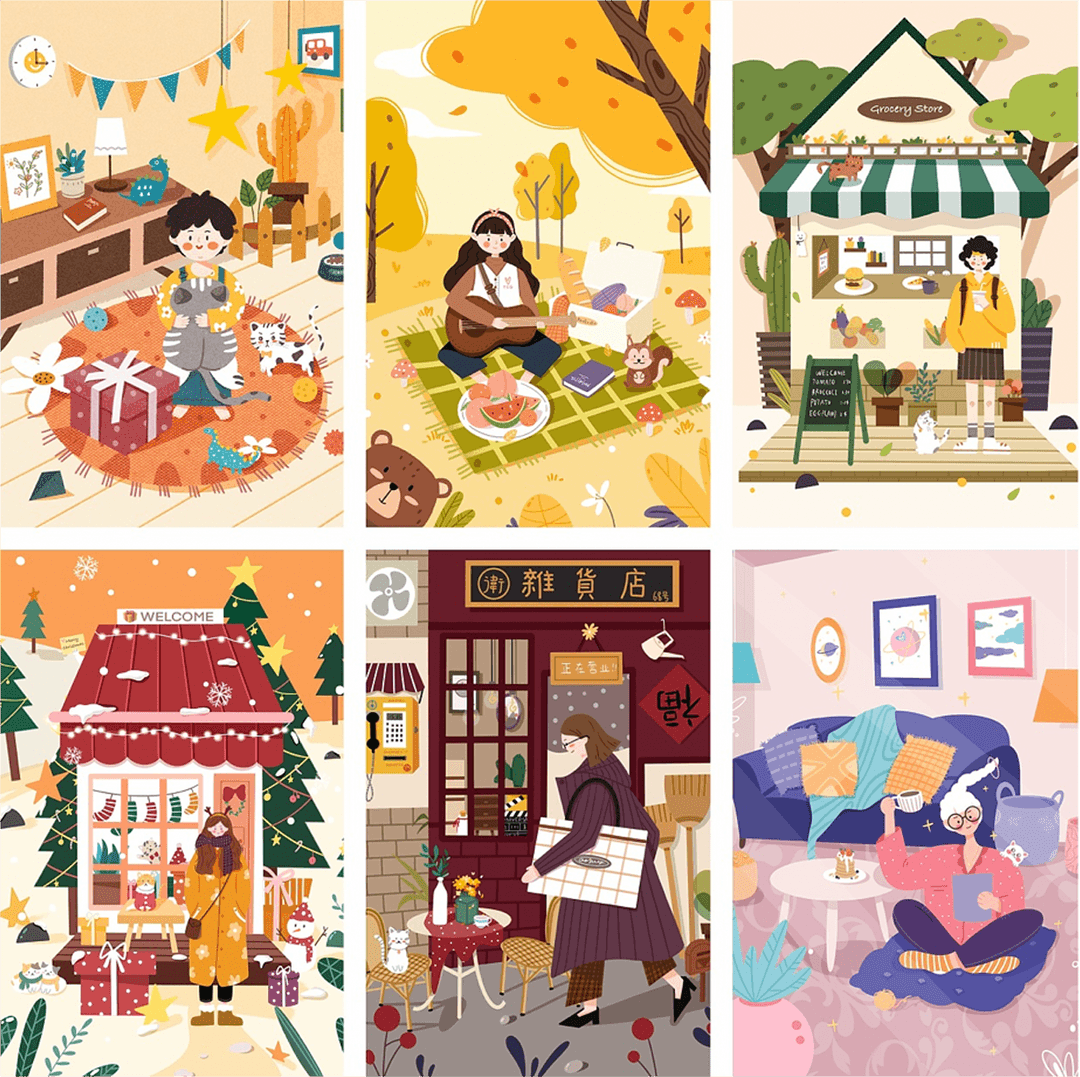 Six flat-colour illustrations of interior and street scenes