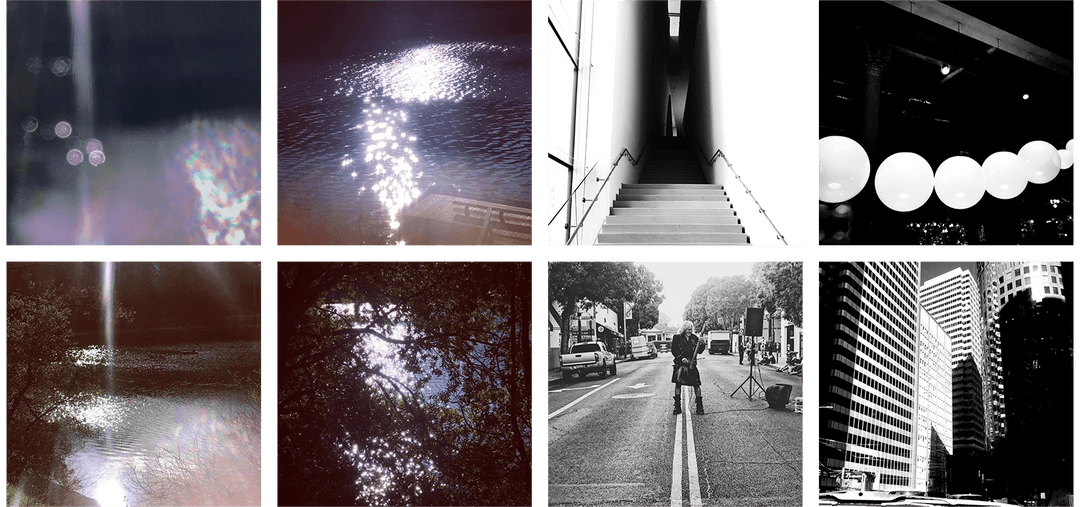 Grid of black-and-white photographs of water, stairways, lanterns and city streets