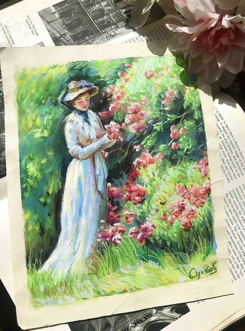 Pastel painting of a woman in a straw hat beside flowering bushes
