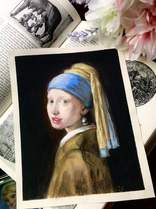 Pastel portrait of a girl in a blue headscarf