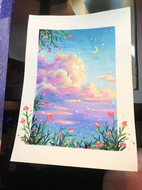 Gouache painting of a crescent moon over clouds and flowers