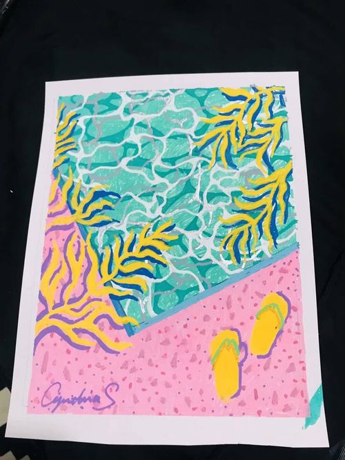 Gouache painting of a swimming pool with palm fronds and sandals