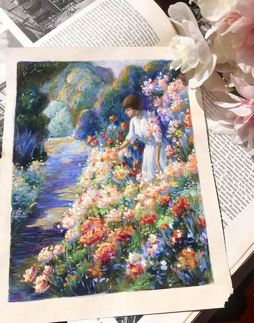 Pastel painting of a woman gathering flowers beside a stream