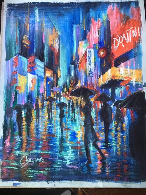 Oil pastel painting of a rainy neon city street