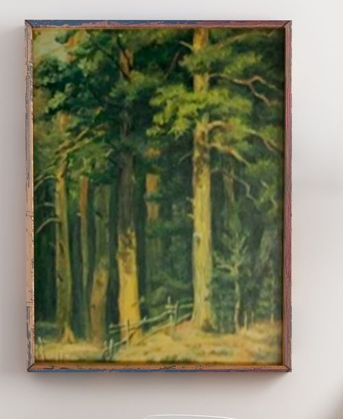 Framed oil painting of a pine forest
