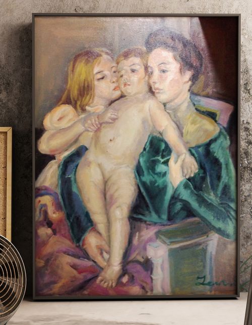 Framed oil painting of a woman holding a child